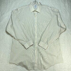 Brooks Brothers Shirt Mens Size 17.5 XL Yellow Striped Standard Fit No Iron